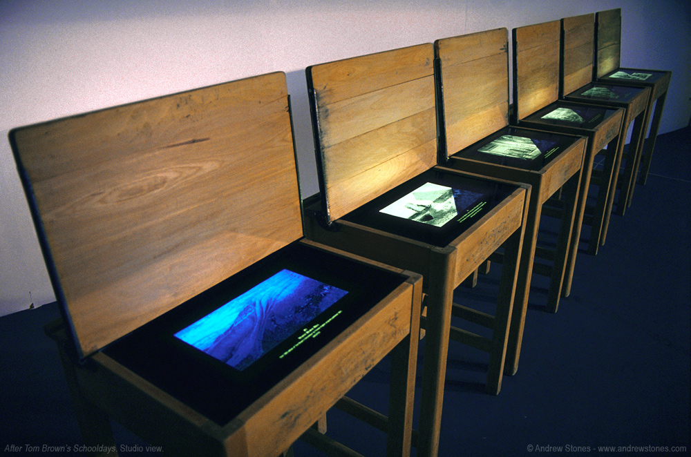 Andrew Stones - 'After Tom Brown's Schooldays' - Installation with schooldesks and illuminated plates by UK artist Andrew Stones.